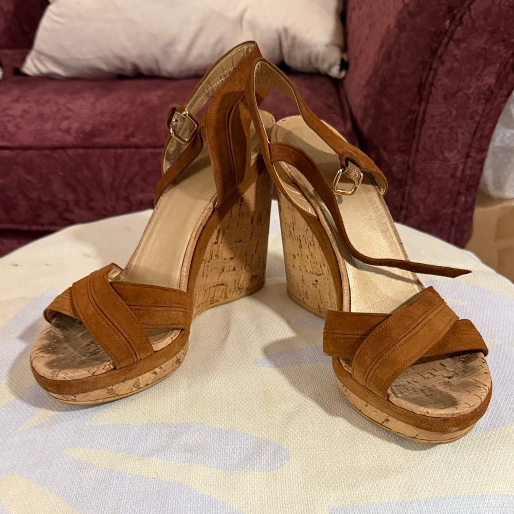 Stuart Weitzman Cognac Suede Cork Wedge Sandals